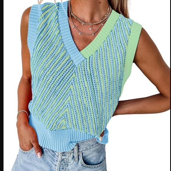 Tops - Sleeveless V Neck Sweater Vest - Blue/Green - Medium